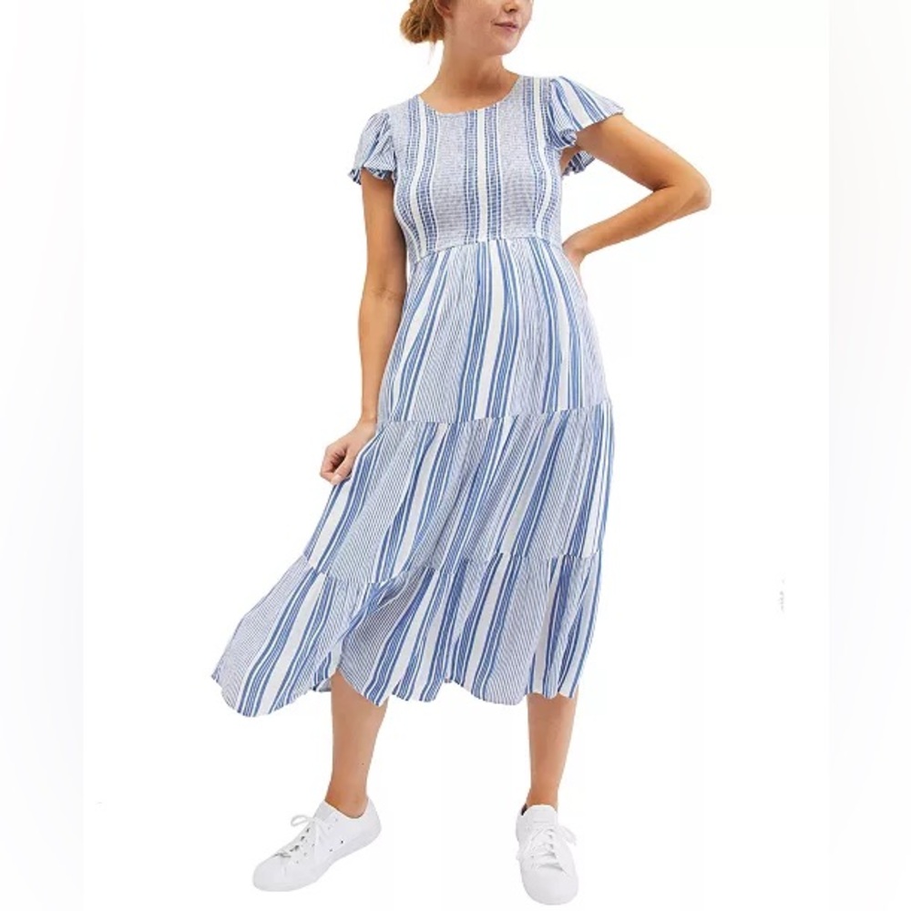 Blue and White Striped Tiered Maxi Dress